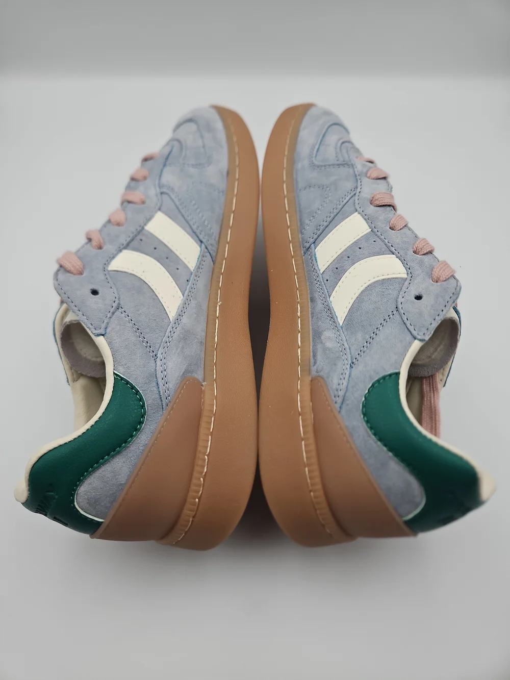 Coolway Light Blue Suede Sneakers with Cream Stripes and Pink Laces